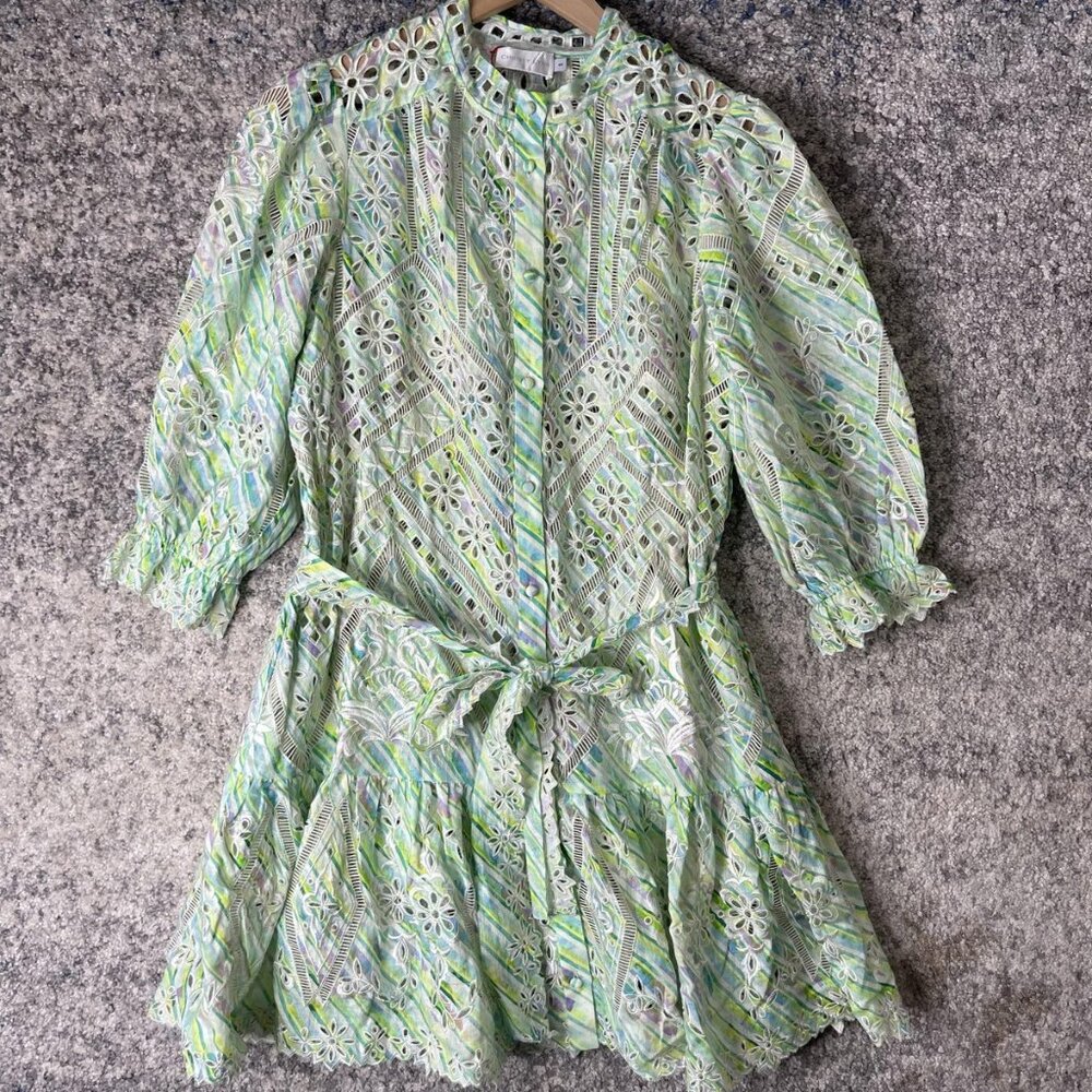 Christy‎ Lynn Dress Womens Small Green Blue Embroidered Eyelet Lace Belted Mini